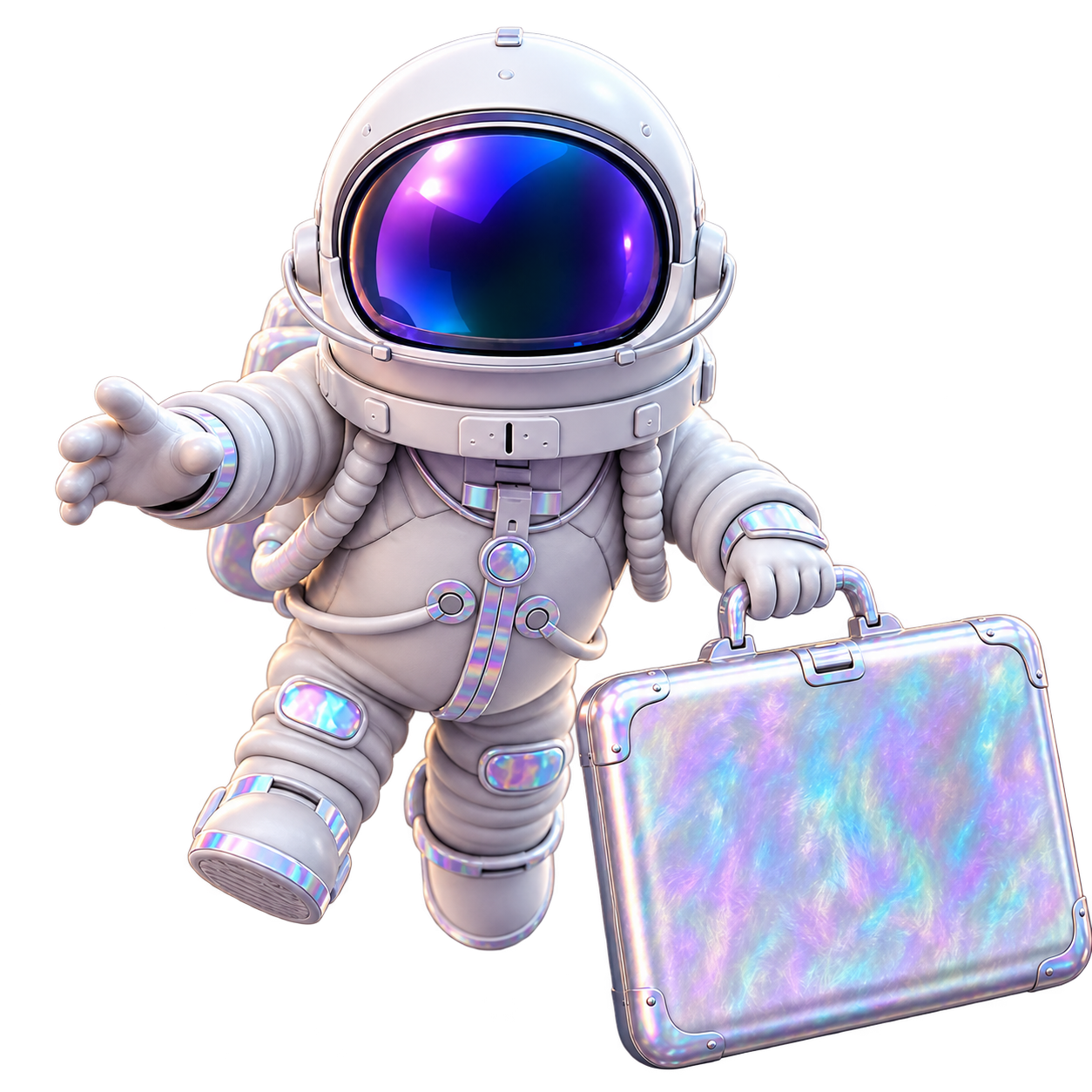 虹色のケースを持ち、グルメに手を伸ばすHAMONIの宇宙飛行士