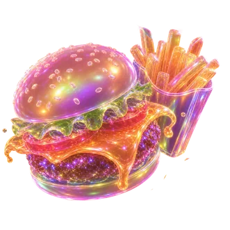 伸ばした手の先に浮かぶ、虹色のハンバーガーとポテト